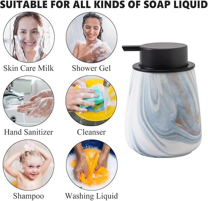 12Oz Foaming Hand Soap Dispenser - Ceramic Bathroom Foam Soap Dispenser with Easy-to-Press Black Pump, Refillable Lotion Hand Dispenser, Dish Soap Dispensers for Kitchen, Marble Blue