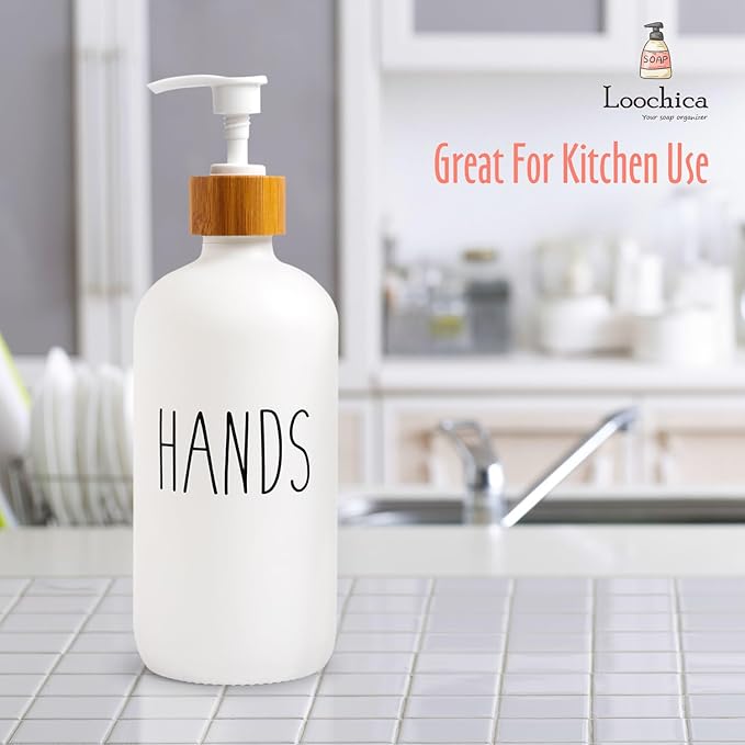 White Glass Soap Dispenser Bottle for Hands. Glass Soap Dispenser for Bathroom or Kitchen Sink Use