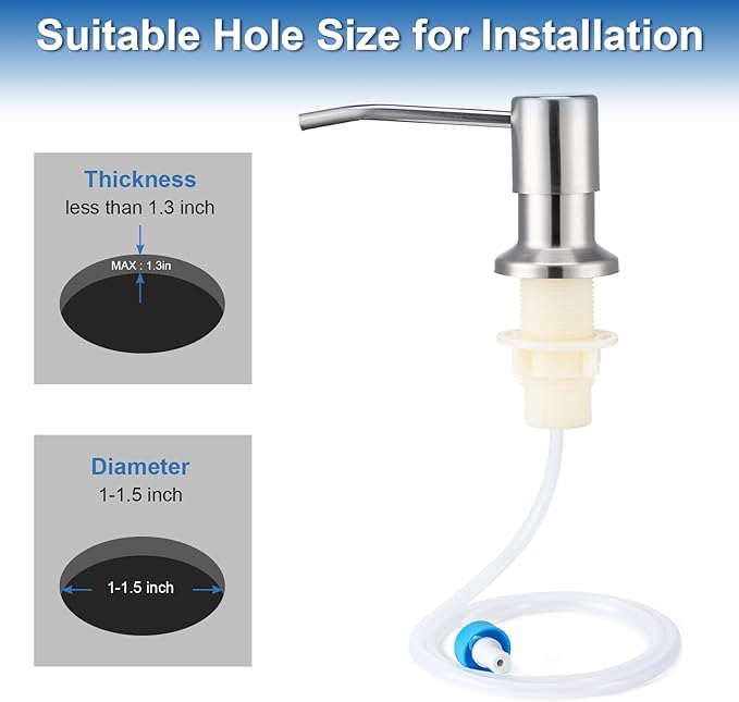 Soap Dispenser for Kitchen Sink, Built in Sink Soap Dispenser (Brushed Nickel), Countertop Dish Soap Dispenser Stainless Steel Pump with 47" Extension Tube kit, No Need to Frequent Refills