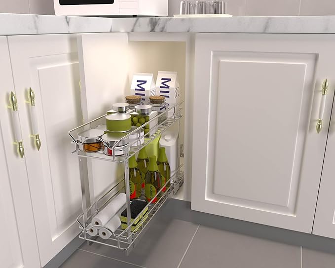 OCG Slide Out Cabinet Organizer for Narrow Cabinet (7" W X 21" D), 2 Tier Pull Out Shelves Slim Sliding Cabinet Organizer and Storage, Chrome