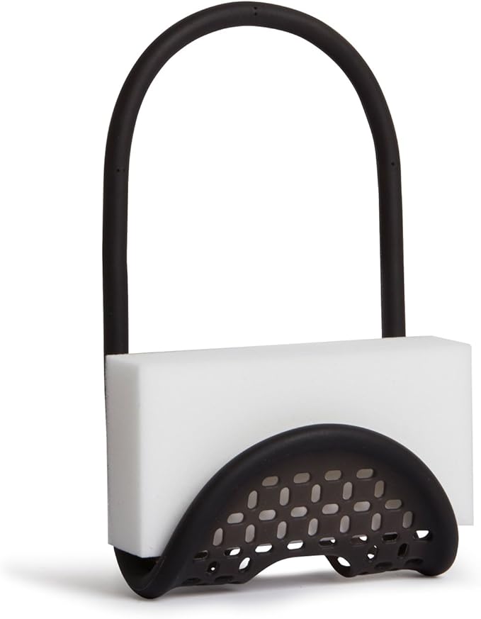 Umbra Sling Kitchen Sink Caddy Sponge Holder, Hangs Over Faucet or Divider, Single, Black