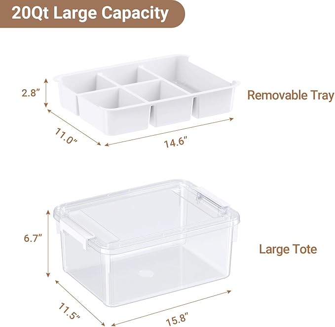 HOMETUK 20Qt Stackable Storage Bin with Lid & Tray, Clear Plastic Latching Box Organizer with Divider Portable 5Gal Container for Arts & Crafts, Home and Car Trunk Organization, 1Pack