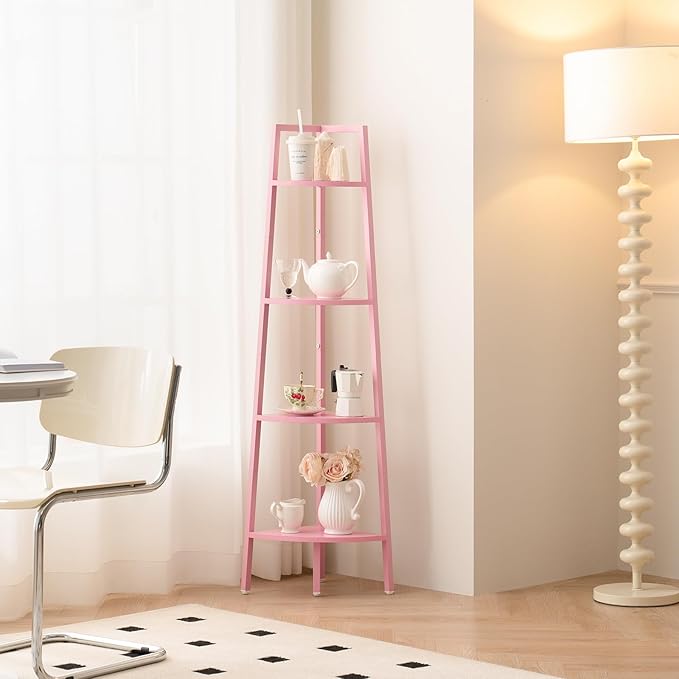 Yoobure Corner Shelf, 4-Tier Corner Bookshelf with Metal Frame & Wood Ladder Shelves - Display Shelf & Tall Bookcase, Plant Stand for Home Decor - Bedroom, Living Room, Office