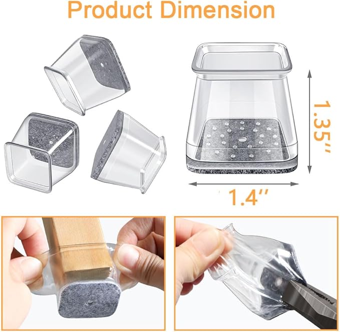 32 Pcs Square Chair Leg Protectors for Hardwood Floors,Felt Furniture Floor Protectors with Silicone Caps, Large Size (Fits Chair Legs with Side Length: 1-1/16'' to 1-5/8'')