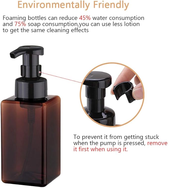 UUJOLY Foaming Soap Dispenser, 450ml (15oz) Refillable Pump Bottle Plastic for Liquid Soap, Shampoo, Body Wash (2 Pcs) (Amber)