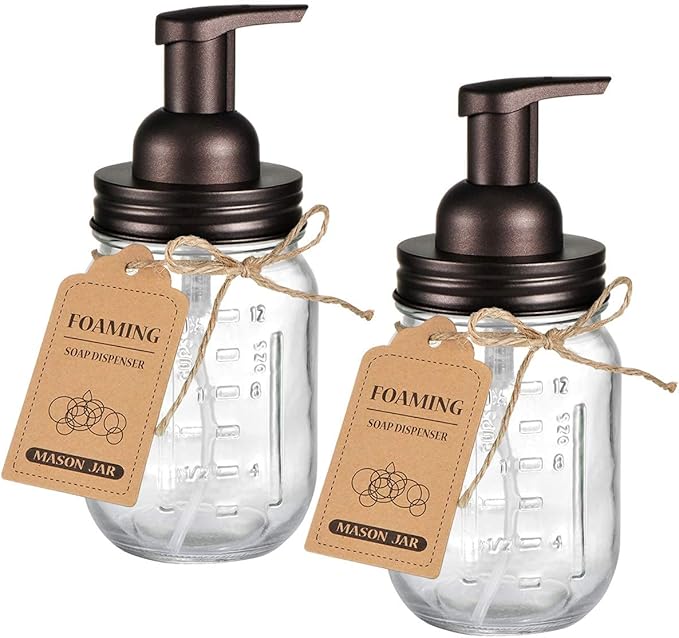 Amolliar Mason Jar Foaming Soap Dispenser, Rustproof Stainless Steel Lid, BPA Free Foam Pump, Waterproof Labels, Rustic Farmhouse Decor Refill Hand Soap Dispenser Bathroom Accessories– Bronze (2 Pack)
