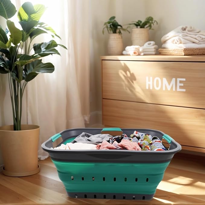 SAMMART 42L (11 gallon) Collapsible Plastic Laundry Basket - Foldable Pop Up Storage Container/Organizer - Portable Basket - Space Saving Hamper/Basket (2, Grey/Turquoise Blue)