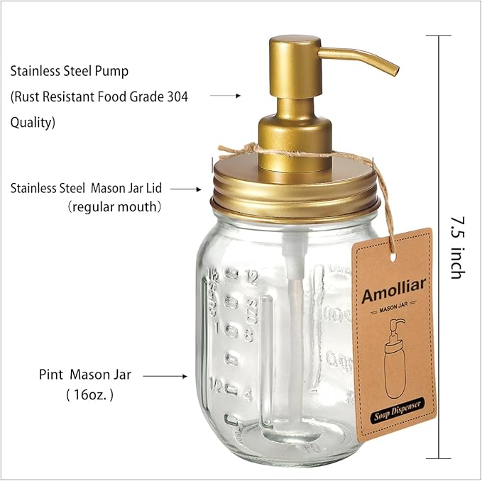 Amolliar Mason Jar Liquid Soap Dispenser -Rustproof Stainless Steel Farmhouse Decor for Bathroom Vanities,Kitchen Sink/ Liquid Soap Pumps for Hand Soap,Dish Soap,Lotions/Golden -2 Pack