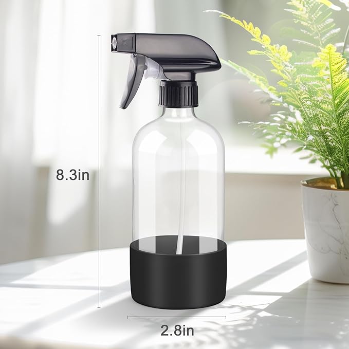 2 Pack Glass Spray Bottles with Silicone Sleeve, 16 oz Empty Refillable Containers with Adjustable Spray Nozzles, Spray Bottles for Hair, Cleaning Solutions and Plants Black
