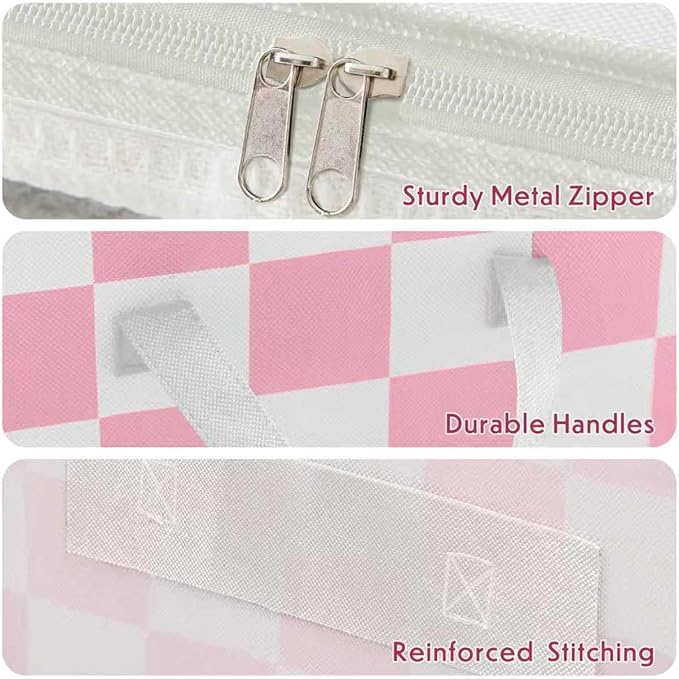 Pink Checkered Clothes Storage Bins, 100L Large Blanket Storage Bags 3 Pack, Closet Organizers and Storage Containers for Comforters, Bedding, Foldable Organizer with Handle
