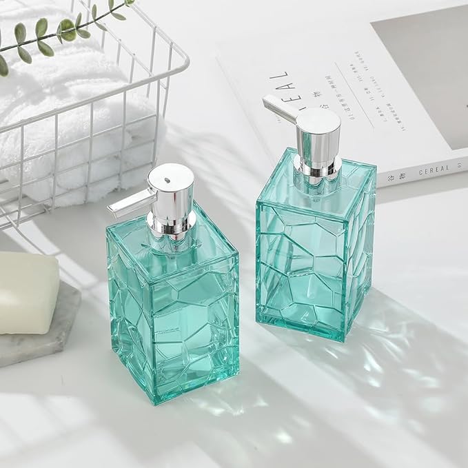 2 Pack Clear Teal Blue Rust Proof Soap Dispenser, Acrylic Plastic Hand Soap Lotion Dispenser Set for Bathroom&Kitchen