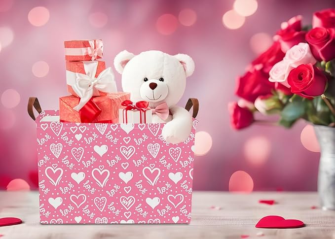 Rectangular Storage Basket Empty,Collapsible Gift Basket with Handles,Heart Print Basket, Books Box,Room Decor(Lovely Heart)