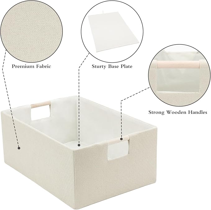 Foldable Fabric Storage Baskets Set of 2 for Shelves, Linen Decorative Storage Bins with Wooden Handles, Small Organizer Cubes for Closet, Rectangle Canvas Boxes for Organizing, Decor (Beige 2 Pack)
