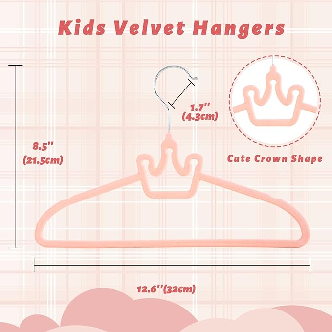 ManGotree Baby Velvet Hangers, Non-Slip Felt Kids Clothes Hanger, 12.6" Cute Crown Hanger for Closet, Space Saving Toddler Hangers for Children's Clothes (20 Pack, Pink)