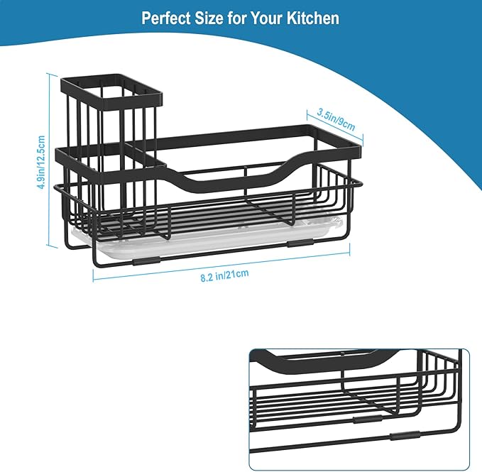 Sponge Holder for Kitchen Caddy Sink Organizer, Multifunctional Rustproof Dish Soap Sponge Caddy for Sink Counter with Detachable Brush Holder & Drain Tray - Storage Kitchen & Home Accessories