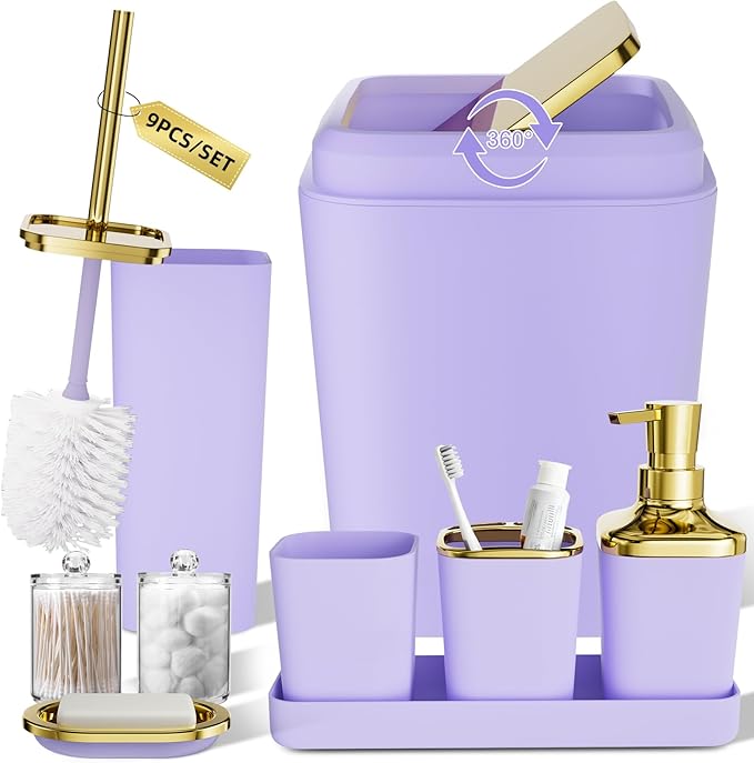 Purple Bathroom Accessories Set, Purple and Gold Bathroom Accessories with Trash Can, Soap Dispenser, Soap Dish, Toothbrush Holder and Q-tip Holders