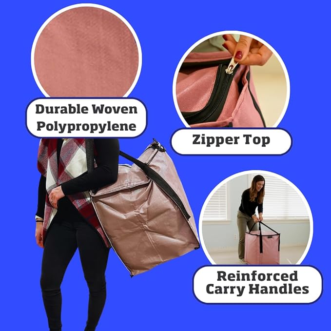 DURASACK Heavy Duty Storage Tote Bag with Zipper Top 22-Gallon Rugged Woven Polypropylene Moving Bag, Reusable Self-Standing Design, Holds up to 500 Pounds, Pack of 4, Mauve