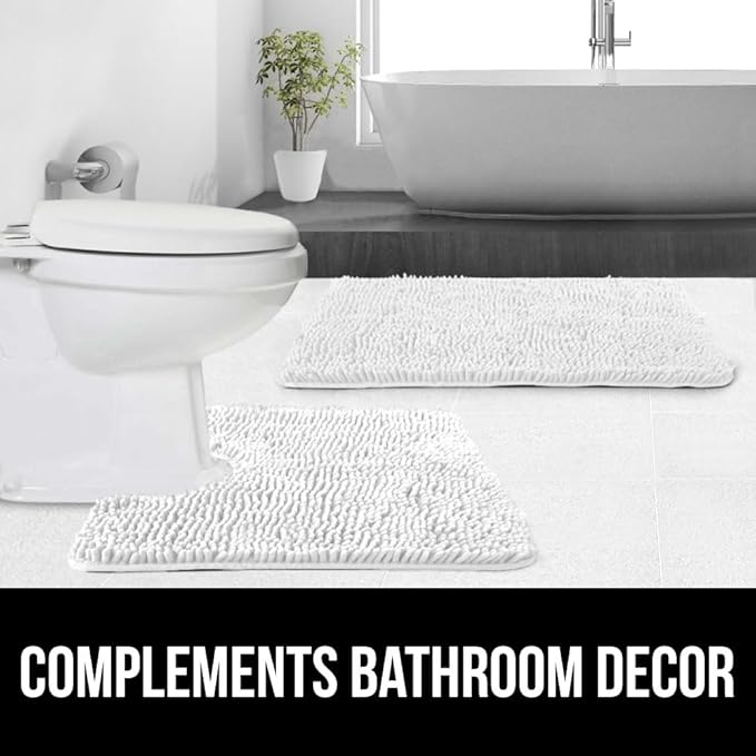 GORILLA GRIP Plush Absorbent Shaggy Chenille Bath Rug Mat for Square Toilet Base with Rubber Backing, Machine Washable Rugs, Soft Microfiber Contour Mats for Toilets, Bathroom Decor, White