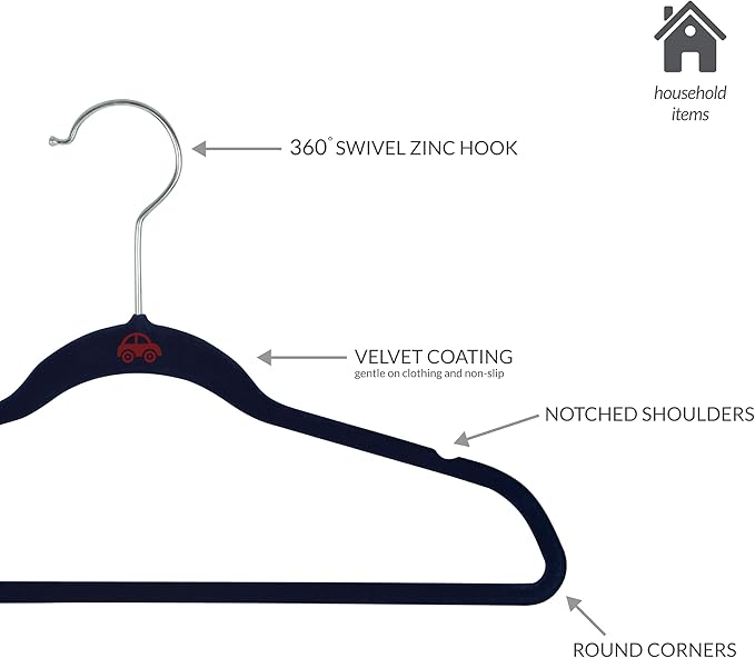Simplify 25 Pack Kids Velvet Hangers | Slim | Non-Slip Design | Space Saving | Childrens Clothes | Shirts | Pants | Dresses | Baby Nursery | Closet Storage & Organization | Navy