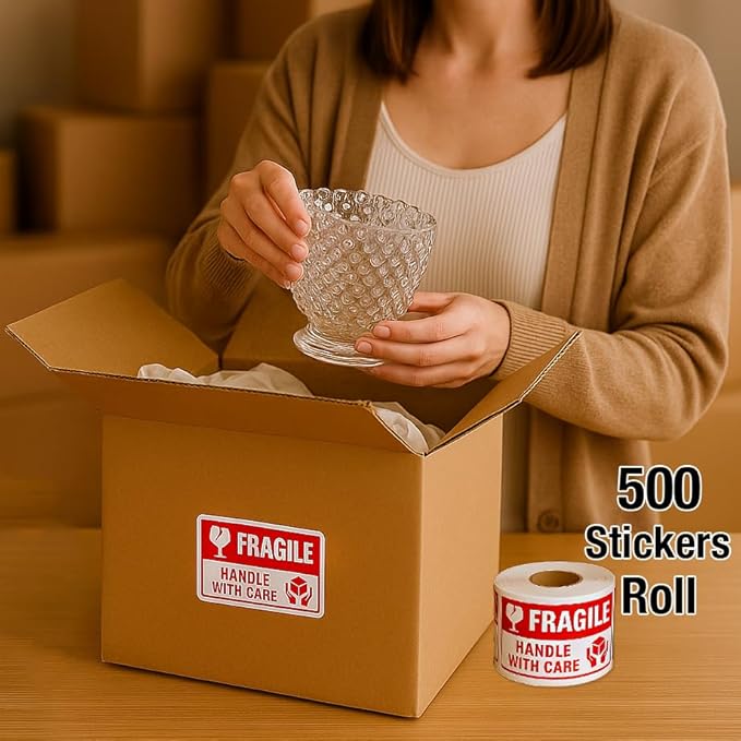 Fragile Stickers 3 x 2 Inch – Waterproof Handle with Care Labels for Shipping and Moving - 500 Strong Adhesive Stickers per Roll