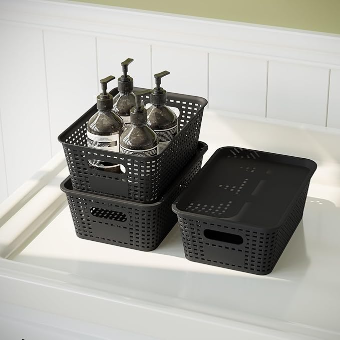 6-Pack Plastic Storage Bins with Lids, Stackable Organizer Baskets & Containers for Pantry, Kitchen, Cabinet, Closet, Bathroom Organization Toys, Space Saving, Easy-Carry Handles,Black
