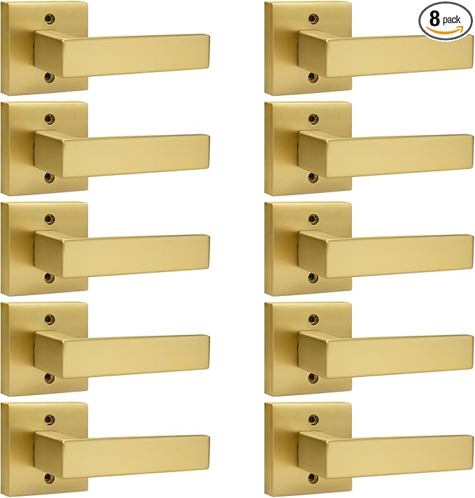 Probrico Brushed Gold Dummy Door Handle Interior Door Levers Square Single Non-Turning Satin Brass Door Handles Hardware for French Door, 8 Pack