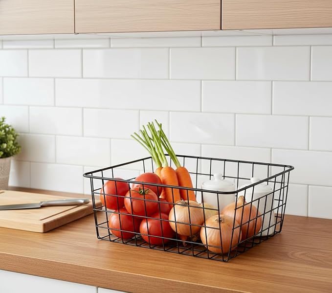 LeleCAT Wire Baskets with Handles Wire Storage Organizer Bin Baskets, Pantry, Closets, Bedrooms - Set of 2（Black）