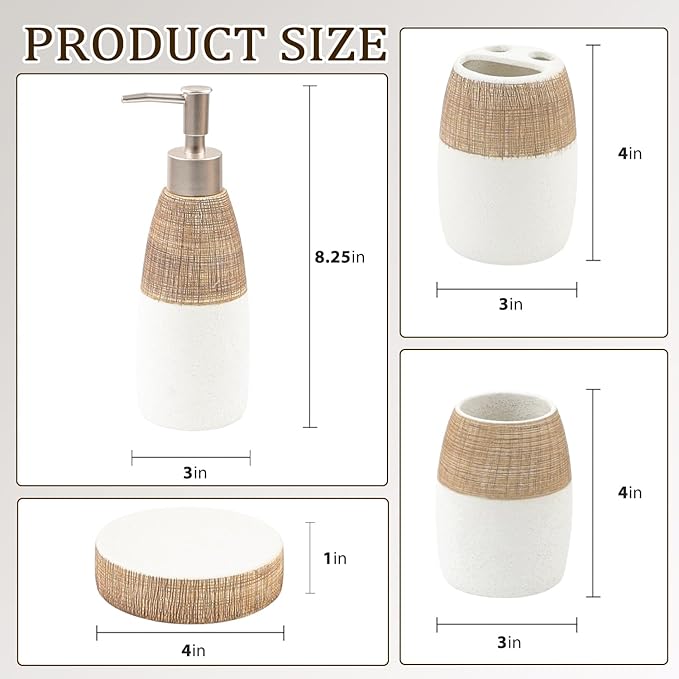 CERBIOR Bathroom Accessories Set,4 Pcs Ceramic Bathroom Decor Accessory,Includes Toothbrush Holder, Toothbrush Cup, Soap Dish for Decorative Countertop and Housewarming Gift, (Brown White)