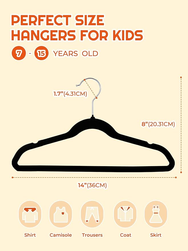 HOUSE DAY 14 Inch Kids Velvet Hangers 50 Pack, Durable Big Kid Hangers for Youth, Teen, Non Slip Kids Felt Hanger, Cute Childrens Hanger for Closet, Black