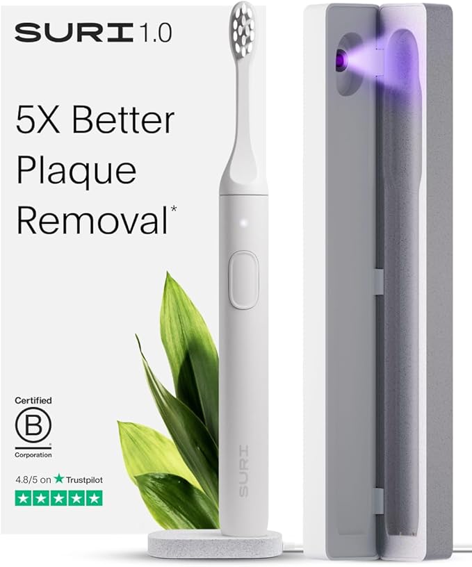 SURI 1.0 Sonic Electric Toothbrush with UV Cleaning Travel Case | 1 Month+ Battery | Designed in California | Electric Toothbrush for Adults | Travel Toothbrushes | Tooth Brush | White