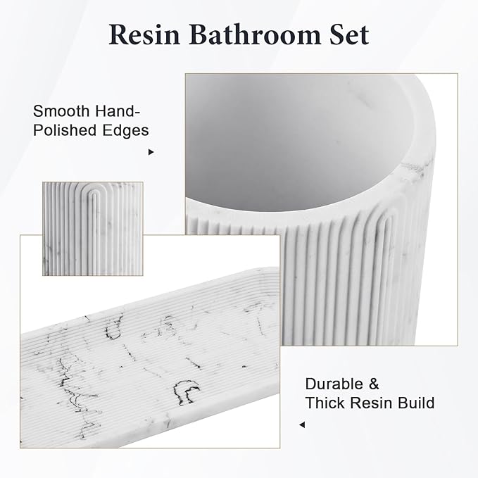 Bathroom Accessories Set - 7-Piece Resin Bathroom Set, Toothbrush Holders Set, Soap Dispenser, Qtip Holder Dispenser, Tumbler, Soap Dish & Tray, Modern Bath Decor for Home Dorm Hotel (Marble White)