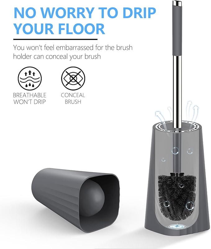 SetSail Toilet Brush, Compact Size Toilet Bowl Brush and Holder Toilet Brushes for Bathroom with Stainless Steel Handle Toilet Cleaner Brush with Durable Scrubbing Bristles, 3 Packs，Gery