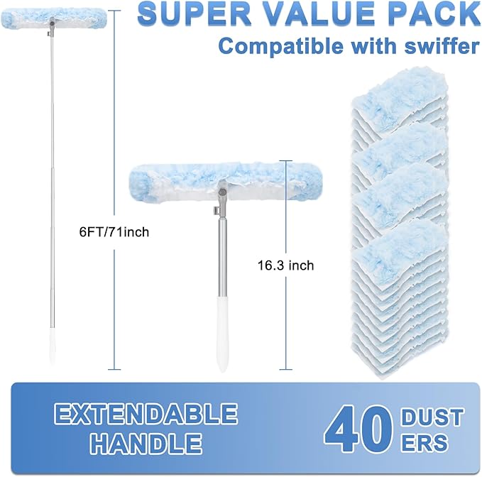 KeFanta Duster Refill Kit with 6 ft Super Extendable Handle Compatible with Swiffer, 360° Disposable Microfiber Dusting Pads for Home Cleaning, Ceiling, Fan, Window, Hard-to-Reach Areas，40Pcs