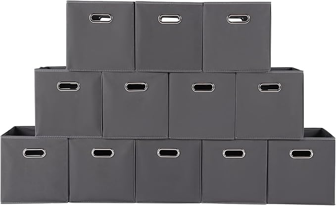 Fabric storage bins Cubes, Fabric Cube Organizer with Handle, Foldable Cube Bins for Cloth or Accessary Storage, 11x11x11, Set of 12, (Gray)