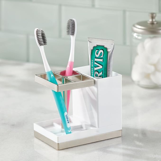mDesign Plastic Toothbrush and Toothpaste Storage Organizer Holder - Home Decor for Bathroom Countertop - Holds Toiletries and Beauty Accessories - Lumiere Collection - White/Brushed