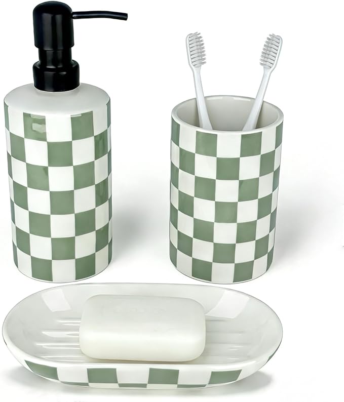 Bathroom Toothbrush Holder Set, Ceramic Soap Dispenser and Tooth Brush Holder and Soap Dish Set, Bathroom Accessories Sets Countertop, Sage Green Checkered Bathroom Decor Set