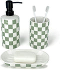 Bathroom Toothbrush Holder Set, Ceramic Soap Dispenser and Tooth Brush Holder and Soap Dish Set, Bathroom Accessories Sets Countertop, Sage Green Checkered Bathroom Decor Set