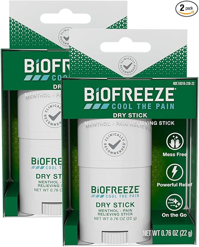 Biofreeze Dry Stick, Mess-Free Relief for Neck, Shoulder, Knee, Hip, Hand & Joint, Cooling Menthol Pain Relief Stick, 100+ Uses (Pack of 2)