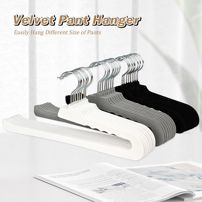 Velvet Pant Hangers Open End, 16 Pack Non Slip Non Crease Felt Slack/Jeans Trouser Hangers,Slim & Sleek Heavy Duty Space Saving Closet Hanger with 360° Swivel Hook (Gray)