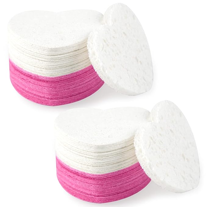 100-Count Compressed Facial Sponges for Estheticians Heart Shape Natural Cellulose Sponge Cosmetic Spa Sponges for Face Cleansing, Massage, Pore Exfoliating, Mask, Makeup Removal, White+Pink