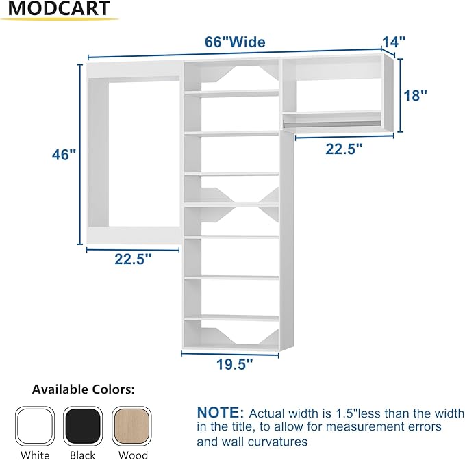 Modular Closet System, 66" Wide Closet Organizer System with Towers and Hanging, Wood Closet Tower Storage for Walk In Closets, Wall Mounted Wardrobe Organizer Kit System, Bedroom, White