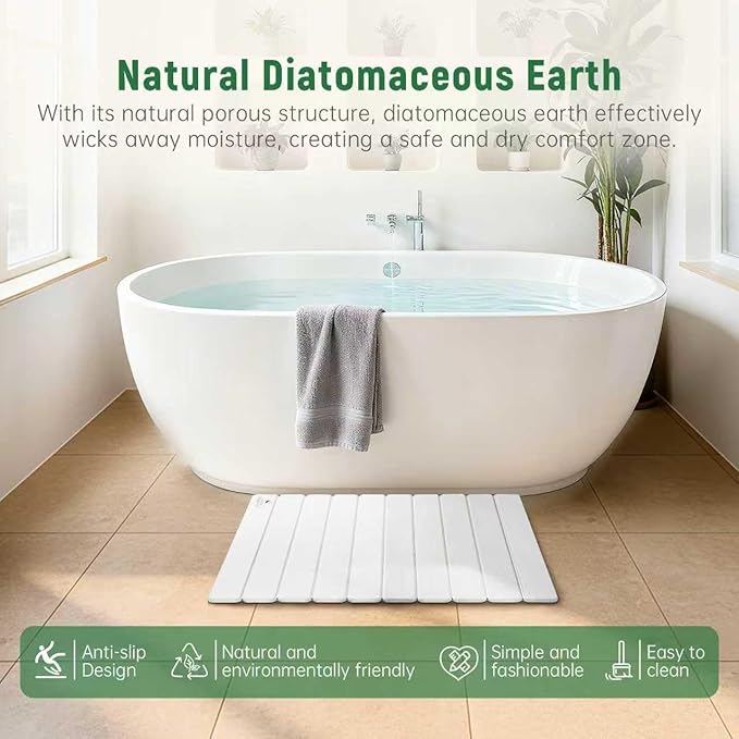 BeeChip Stone Bath Mat for Water Absorption, Foldable Diatomite Stone Mat, Non-Slip & Quick-Drying White Square Bath Mat with Modern Minimalist Style, Easy to Clean, for Bathroom/Kitchen/Hallway