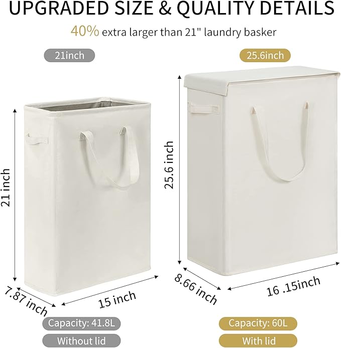 Chrislley 60L Slim Laundry Hamper with Lid Narrow Laundry Basket with Handle Upgrade Foldable Dirty Clothes Hamper Portable Skinny Hamper Organizer Storage Bins (25.6 inches,beige)