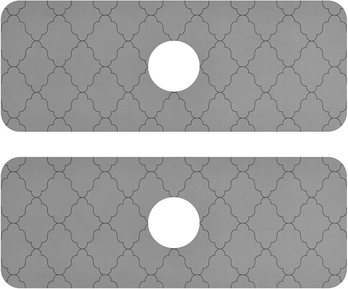 Kitchen Sink Splash Guard 2 PCS 14.7 Inch Sink Faucet Mat Splash Guard for Bathroom Countertop Water Absorbent Foldable Cuttable Soft Washable Monochrome Geometric Quatrefoil Grey