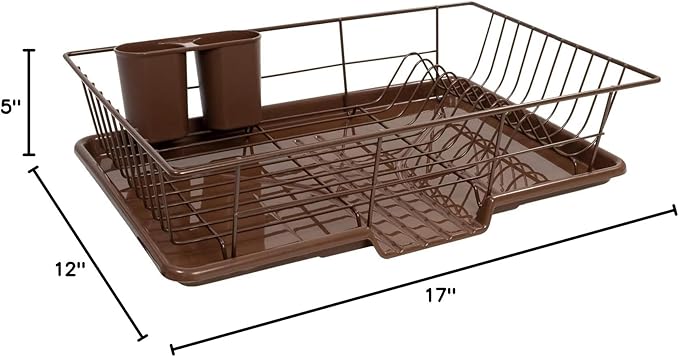 Sweet Home Collection Space-Saving 3-Piece Dish Drainer Rack Set: Efficient Kitchen Organizer for Quick Drying and Storage - Includes Cutlery Holder and Drainboard - Maximize Countertop Space, Bronze