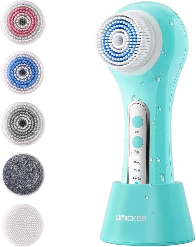Electric Facial Cleansing Brush, 2-Way Rotating Face Scrubber for Daily & Deep Cleaning, 3 Modes, 5 Brush Heads, Rechargeable, IPX7 Waterproof for All Skin Types