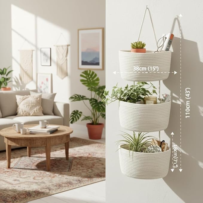 Britwicfr Over the Door Hanging Basket, Decorative Hanging Basket Storage, Organizing, Wall Basket Decorative Boho Decor for Nursery, Bedroom, Living Room with 4 Hooks, Whte