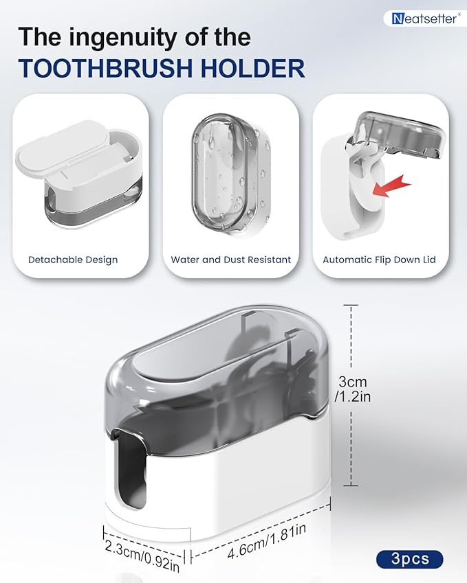 NEATSETTER Toothbrush Holder with Auto-Close Cover – Waterproof, Dust-Proof Tooth Brush Hanger Rack for Electric Toothbrushes, 3-Pack No Drill Wall-Mounted Toothbrushes Organizer - Grey