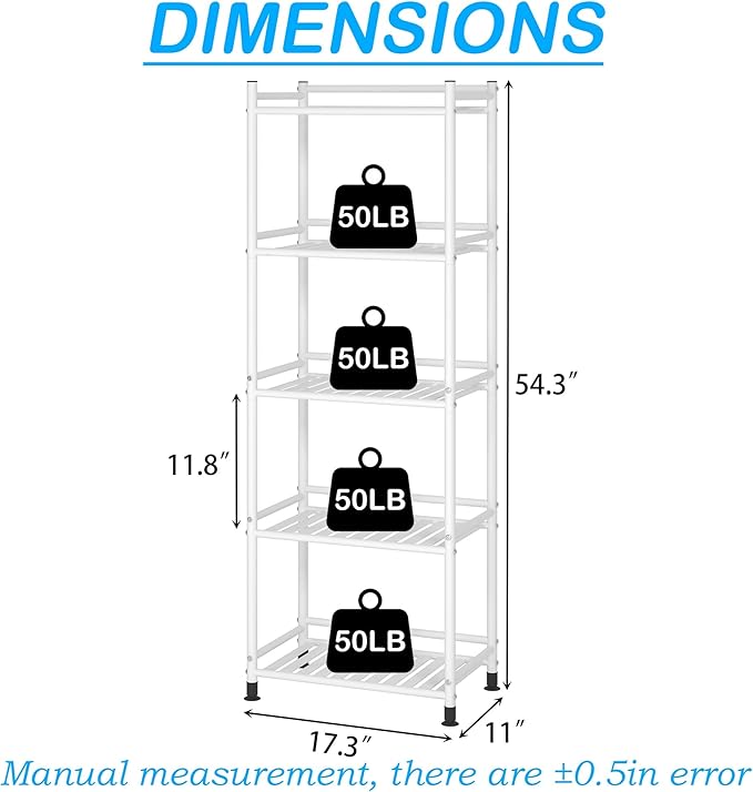 5 Tier Bathroom Storage Open Shelf Unit, Free-Standing Metal Corner Rack Shelving for Kitchen, Living Room, Hallway (White, Wider 5 Tier)