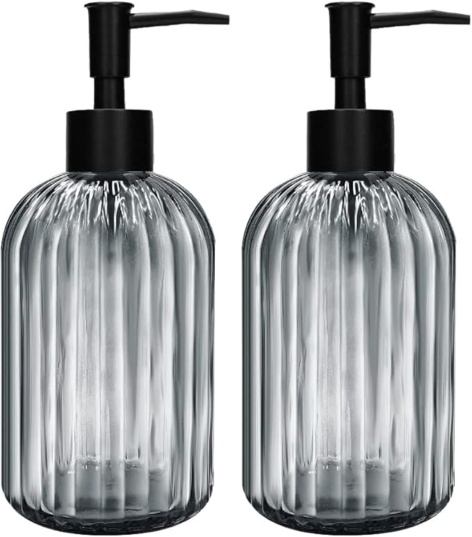 Pack of 2 Glass Soap Dispenser with Black Pump, 400 ml Refillable Pump Dispenser for Kitchen, Bathroom, Laundry Room, Liquid Glass Bottle for Washing Up Liquid, Shampoo, Conditioner (Gray)